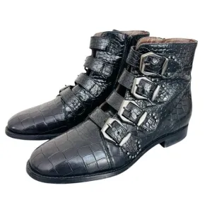 Pertini Reptile Embossed Black Leather Buckle StuddedMoto Biker Ankle boots 7