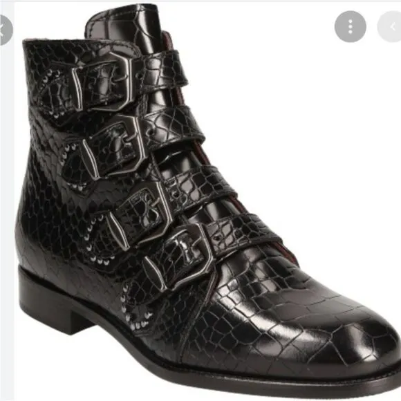 Pertini Reptile Embossed Black Leather Buckle StuddedMoto Biker Ankle boots 7
