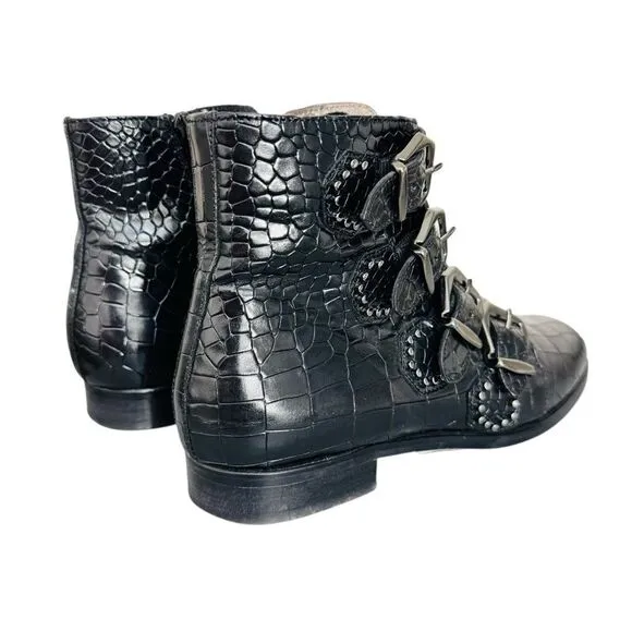 Pertini Reptile Embossed Black Leather Buckle StuddedMoto Biker Ankle boots 7