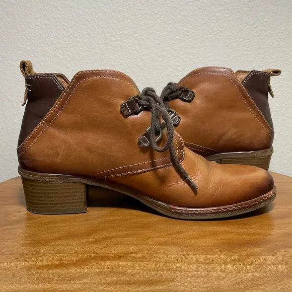 Pikolinos Heeled Short Boots Two Tone Brown Leather Lace Up Size 40-9/9.5