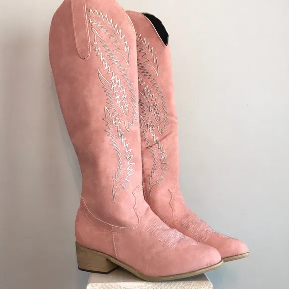 Pink Faux Suede Cowgirl Boots Size 9