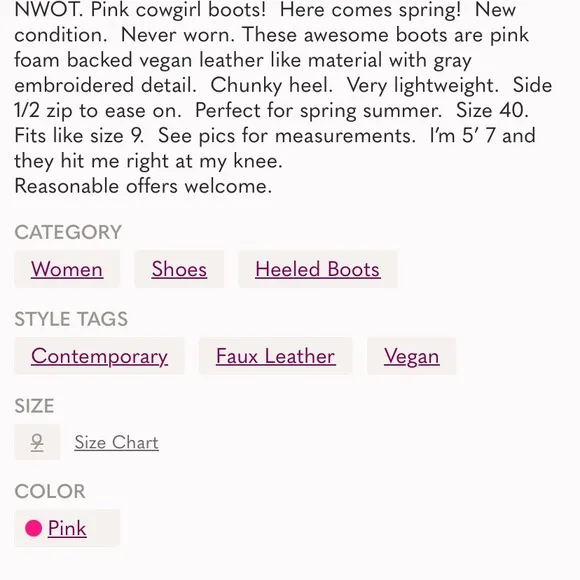 Pink Faux Suede Cowgirl Boots Size 9