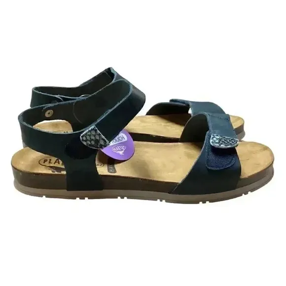 Plakton Girona Women 10 42 Ankle Strap Leather Cork Flat Sanals Blue Adjustable