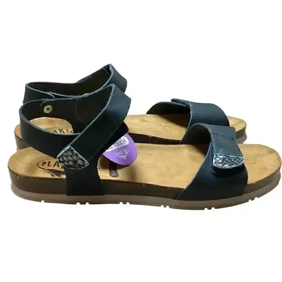 Plakton Girona Women 10 42 Ankle Strap Leather Cork Flat Sanals Blue Adjustable