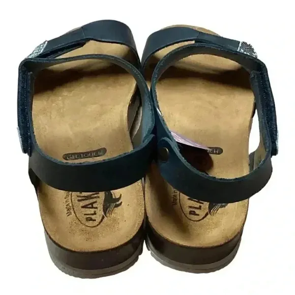 Plakton Girona Women 10 42 Ankle Strap Leather Cork Flat Sanals Blue Adjustable