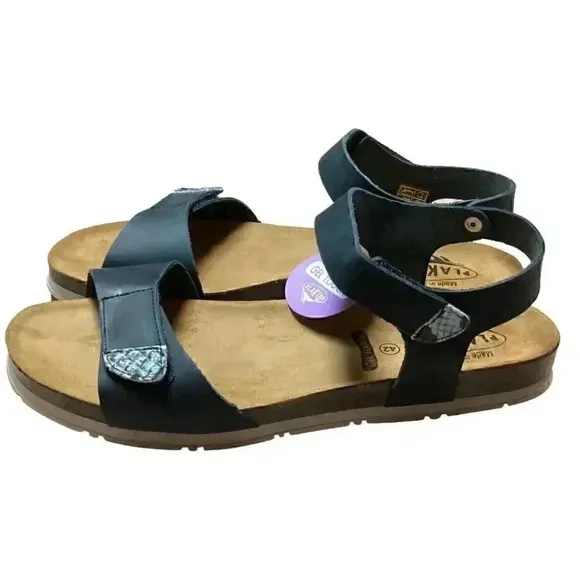 Plakton Girona Women 10 42 Ankle Strap Leather Cork Flat Sanals Blue Adjustable