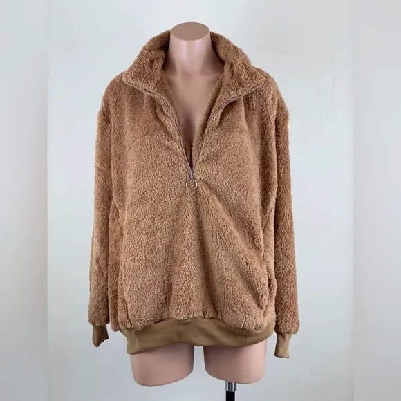 Plush Teddy Zip Up Pullover In Camel
