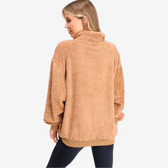 Plush Teddy Zip Up Pullover In Camel