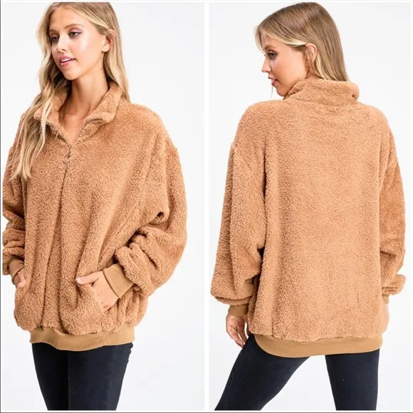 Plush Teddy Zip Up Pullover In Camel