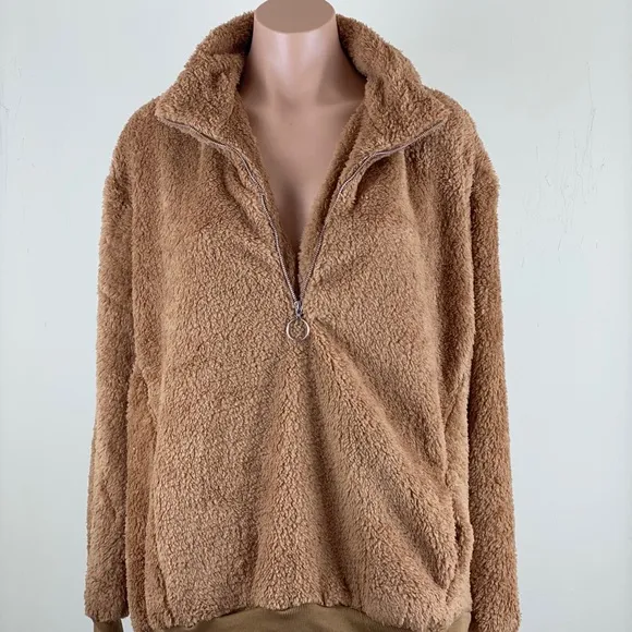 Plush Teddy Zip Up Pullover In Camel