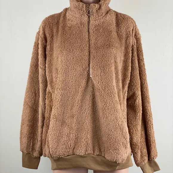 Plush Teddy Zip Up Pullover In Camel