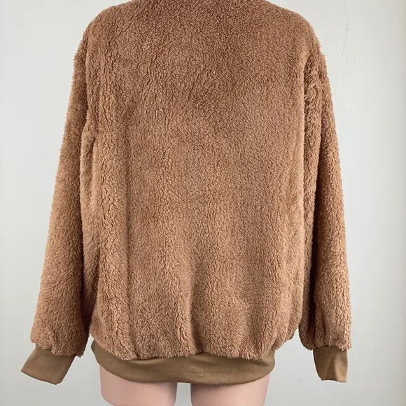 Plush Teddy Zip Up Pullover In Camel