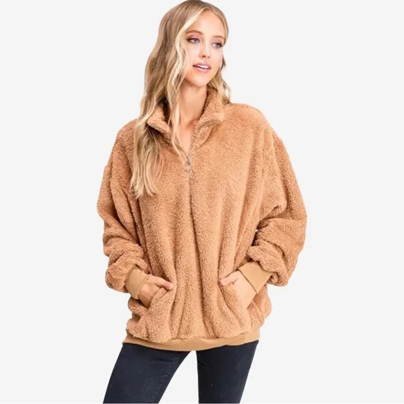 Plush Teddy Zip Up Pullover In Camel