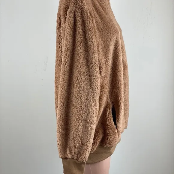 Plush Teddy Zip Up Pullover In Camel
