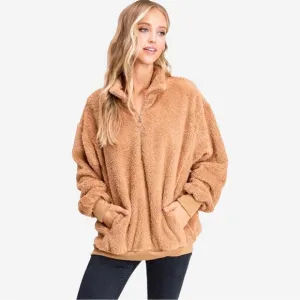 Plush Teddy Zip Up Pullover In Camel