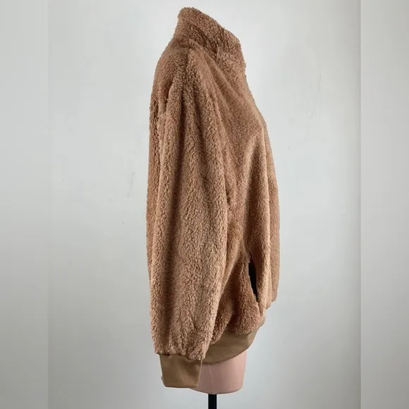 Plush Teddy Zip Up Pullover In Camel