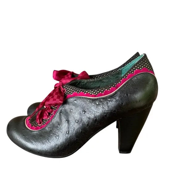 Poetic Licence Backlash Black Red Ribbon Lace Up Retro Heels Size 39.5EU 8.5US