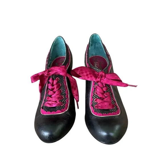 Poetic Licence Backlash Black Red Ribbon Lace Up Retro Heels Size 39.5EU 8.5US