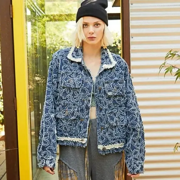 POL Flower Textured Raw Hem Denim Jacket ❤️NWT❤️IN STORES❤️