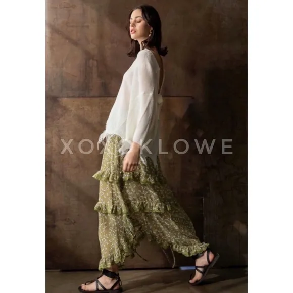 POL Green Ditzy Floral Ruffle Tiered Maxi Skirt