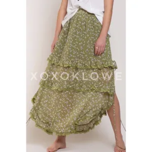 POL Green Ditzy Floral Ruffle Tiered Maxi Skirt