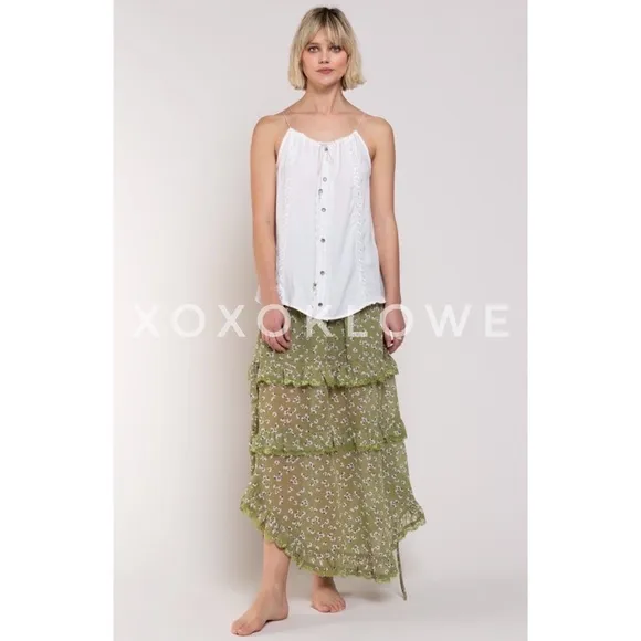 POL Green Ditzy Floral Ruffle Tiered Maxi Skirt