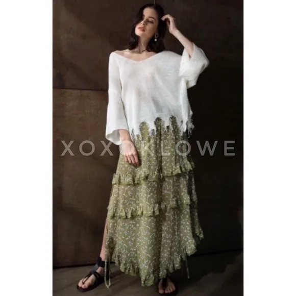 POL Green Ditzy Floral Ruffle Tiered Maxi Skirt