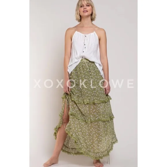 POL Green Ditzy Floral Ruffle Tiered Maxi Skirt