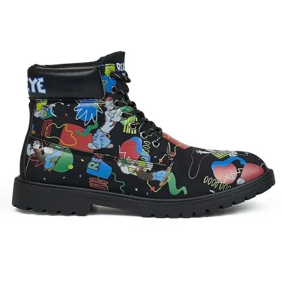 Popeye X Reason Collab Faux Suede Graffiti Print Boots Black Mens 10.5