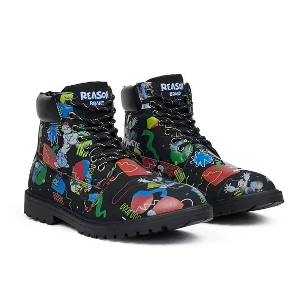 Popeye X Reason Collab Faux Suede Graffiti Print Boots Black Mens 10.5