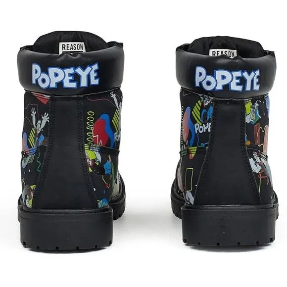 Popeye X Reason Collab Faux Suede Graffiti Print Boots Black Mens 10.5