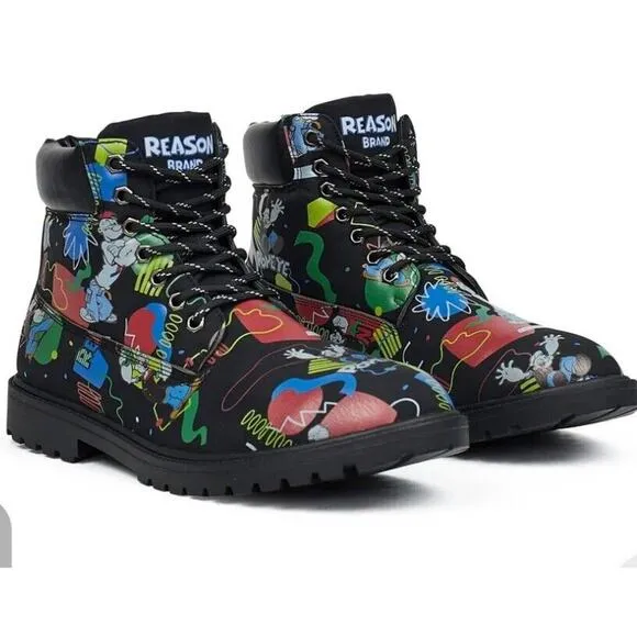 Popeye X Reason Collab Faux Suede Graffiti Print Boots Black Mens 10.5
