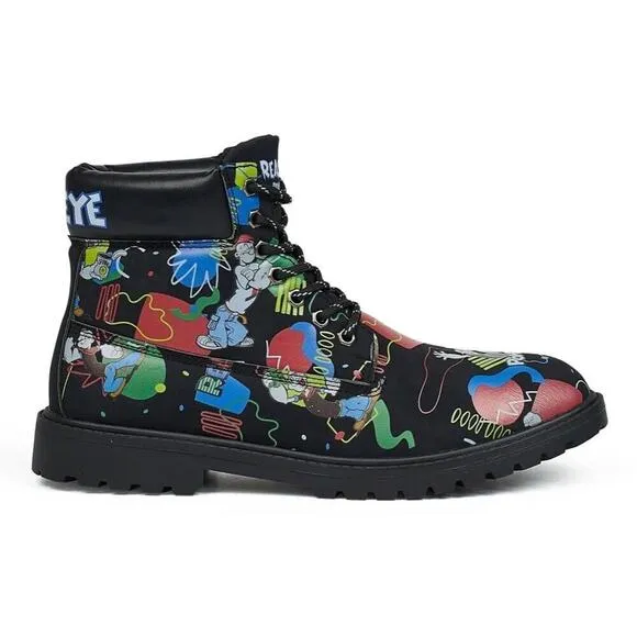 Popeye X Reason Collab Faux Suede Graffiti Print Boots Black Mens 10.5