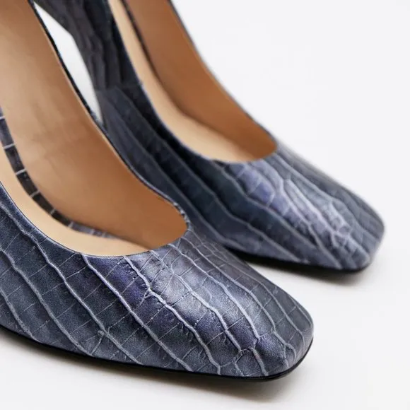 Pour La Victoire Croc Embossed Leather Square Toe Heel Shoe 8 $248 Metallic Blue