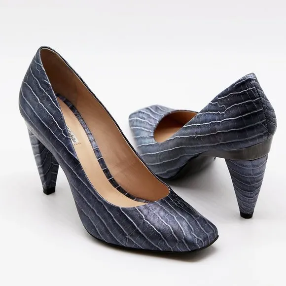 Pour La Victoire Croc Embossed Leather Square Toe Heel Shoe 8 $248 Metallic Blue