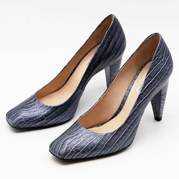 Pour La Victoire Croc Embossed Leather Square Toe Heel Shoe 8 $248 Metallic Blue