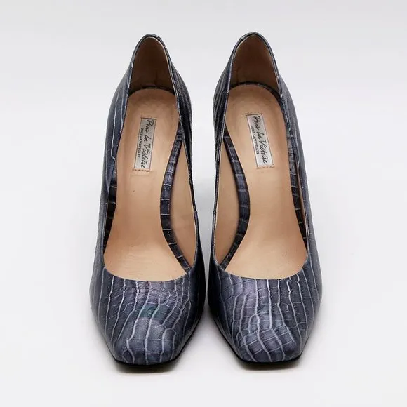 Pour La Victoire Croc Embossed Leather Square Toe Heel Shoe 8 $248 Metallic Blue