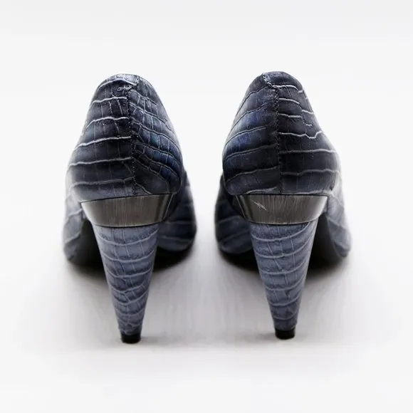 Pour La Victoire Croc Embossed Leather Square Toe Heel Shoe 8 $248 Metallic Blue