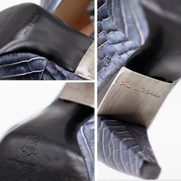 Pour La Victoire Croc Embossed Leather Square Toe Heel Shoe 8 $248 Metallic Blue