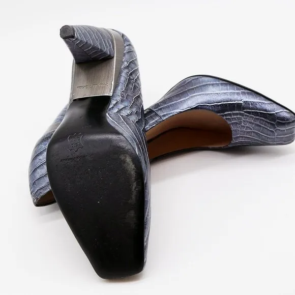 Pour La Victoire Croc Embossed Leather Square Toe Heel Shoe 8 $248 Metallic Blue