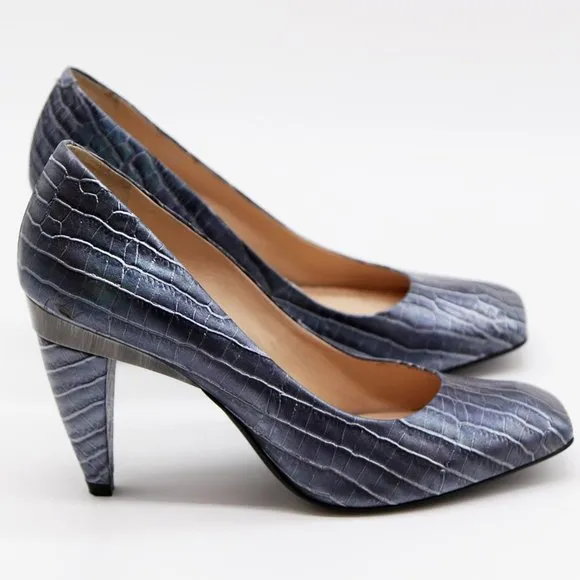 Pour La Victoire Croc Embossed Leather Square Toe Heel Shoe 8 $248 Metallic Blue