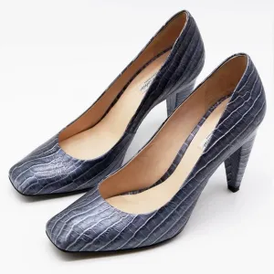 Pour La Victoire Croc Embossed Leather Square Toe Heel Shoe 8 $248 Metallic Blue