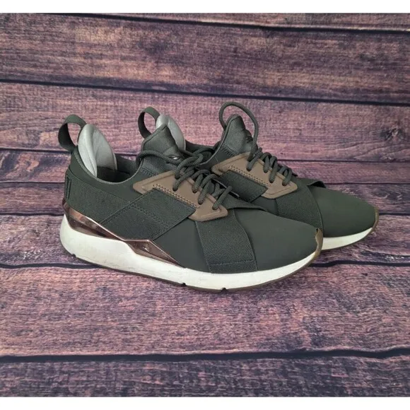 Puma Green Bronze Muse Metal Sz US7 Fashionable Footwear Rose Gold accents