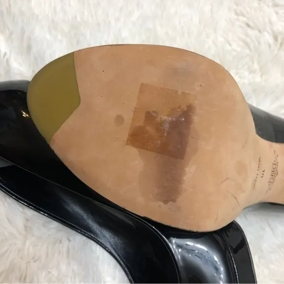 Rachel Roy Designer Peep Toe Black Patent Leather Stiletto Heels, Leather Soles
