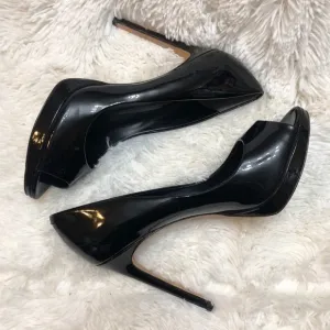 Rachel Roy Designer Peep Toe Black Patent Leather Stiletto Heels, Leather Soles