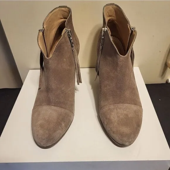 Rag &amp; Bone &quot;Margot&quot; Tan Luxe Suede Fringe Side Zips Ankle Boots sz.7/37 Ret $495