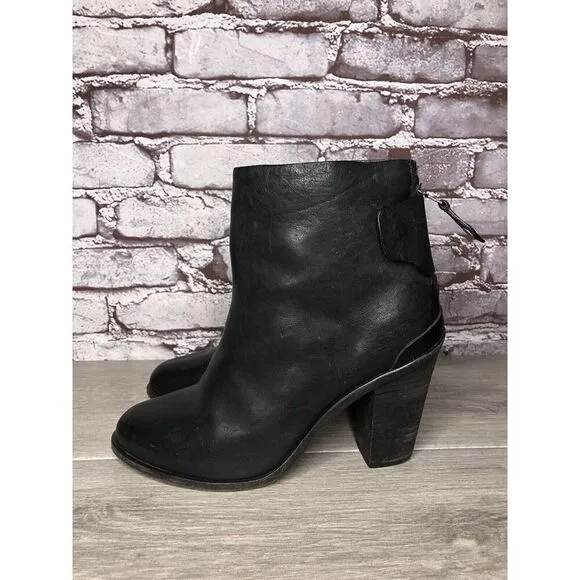 Rag &amp; Bone Black Leather Ankle Back Zip Heel Booties Women Sz 39.5EU/9M US