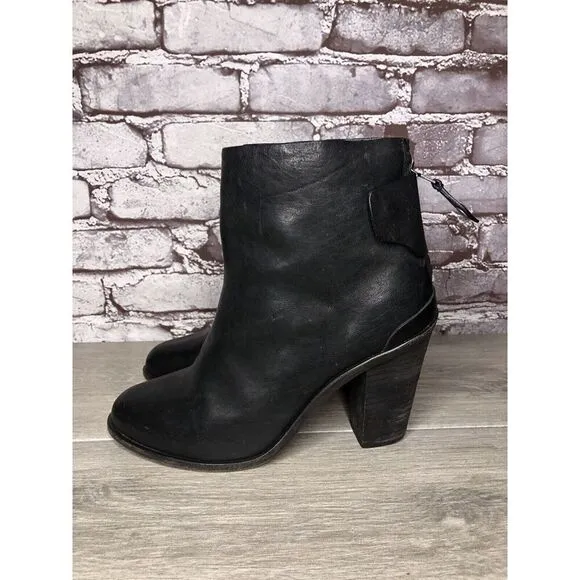Rag &amp; Bone Black Leather Ankle Back Zip Heel Booties Women Sz 39.5EU/9M US