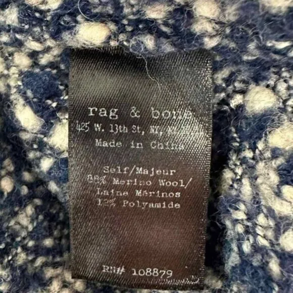 RAG &amp; BONE Merino Wool Blue White Speckled Crop Sweater Long Sleeve Scoop Neck L