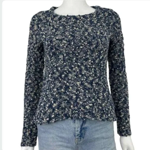 RAG &amp; BONE Merino Wool Blue White Speckled Crop Sweater Long Sleeve Scoop Neck L